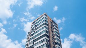 teal and brown concrete building