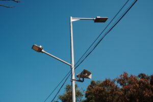 white street lights near green trees