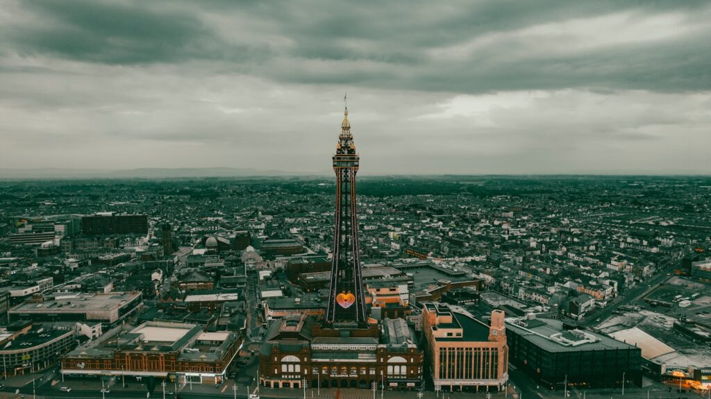 An aerial view of a city with tall buildings