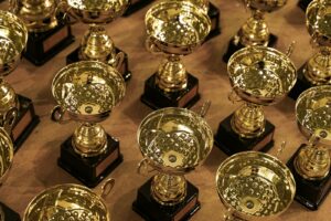 a bunch of trophies sitting on top of a table