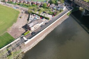 Aerial view of new flood defences on the river Ribble, photo courtesy of Environment Agency